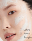 Close-up of a woman's face with text indicating 'Defend', 'Prevent', and 'Strengthen' on a white background