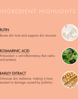 Ingredient highlights with RUTIN, ROSMARINIC ACID, and BARLEY EXTRACT on a peach background