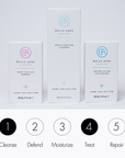 Bella Aura skincare products with step-by-step icons on a light gray background