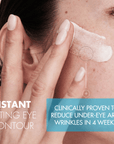 Woman applying cream under eye with text about instant lifting eye contour and wrinkle reduction.