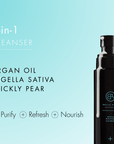 Black skincare cleanser bottle with ingredients and benefits on a light blue background