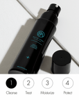 Black skincare bottle with brand logo on a light background