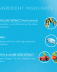 Ingredient highlights of a skincare product on a blue background