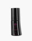 Black skincare bottle with pink text on a white background