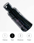 Black skincare bottle with brand logo on a white background routine skincare