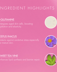 Pink background with ingredient highlights for skincare product, featuring L-Glutamine, Cistus Inacus, and Sweet Tea Vine.