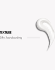 Silky, fast-absorbing texture description with a white smear on a light gray background