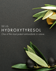 Olive branches with black olives on a dark background, featuring text about Hydroxytyresol.