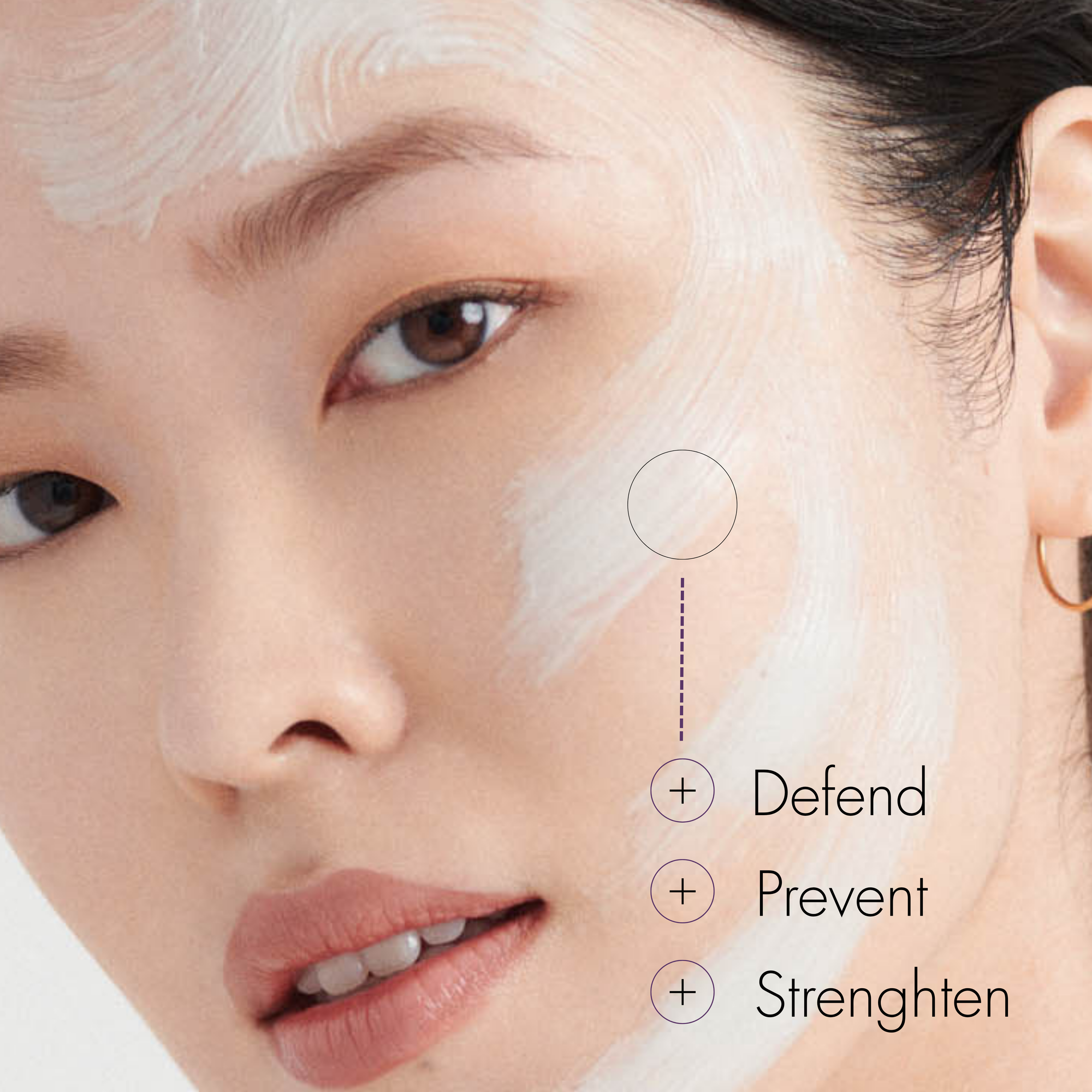 Close-up of a woman&#39;s face with text indicating &#39;Defend&#39;, &#39;Prevent&#39;, and &#39;Strengthen&#39; on a white background
