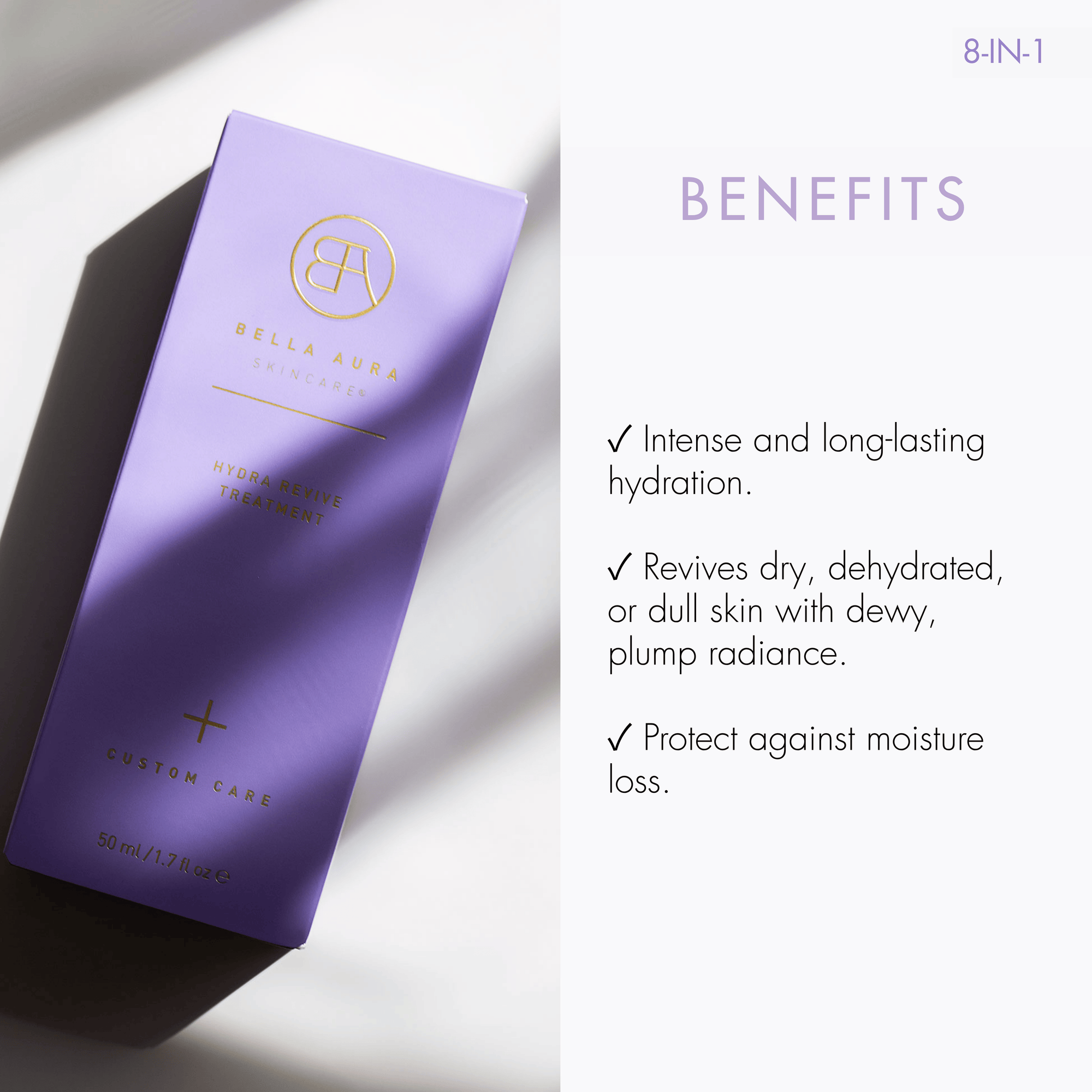 Purple bella aura skincare product with brand logo on a white background, featuring benefits text.