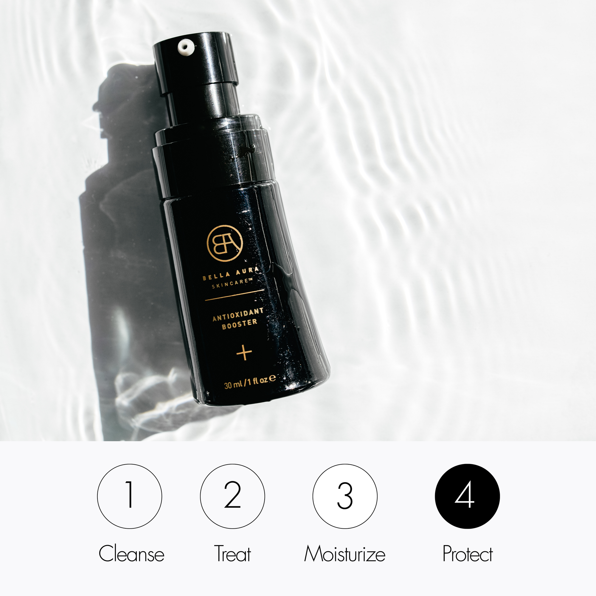 Black skincare bottle with brand logo on a white background