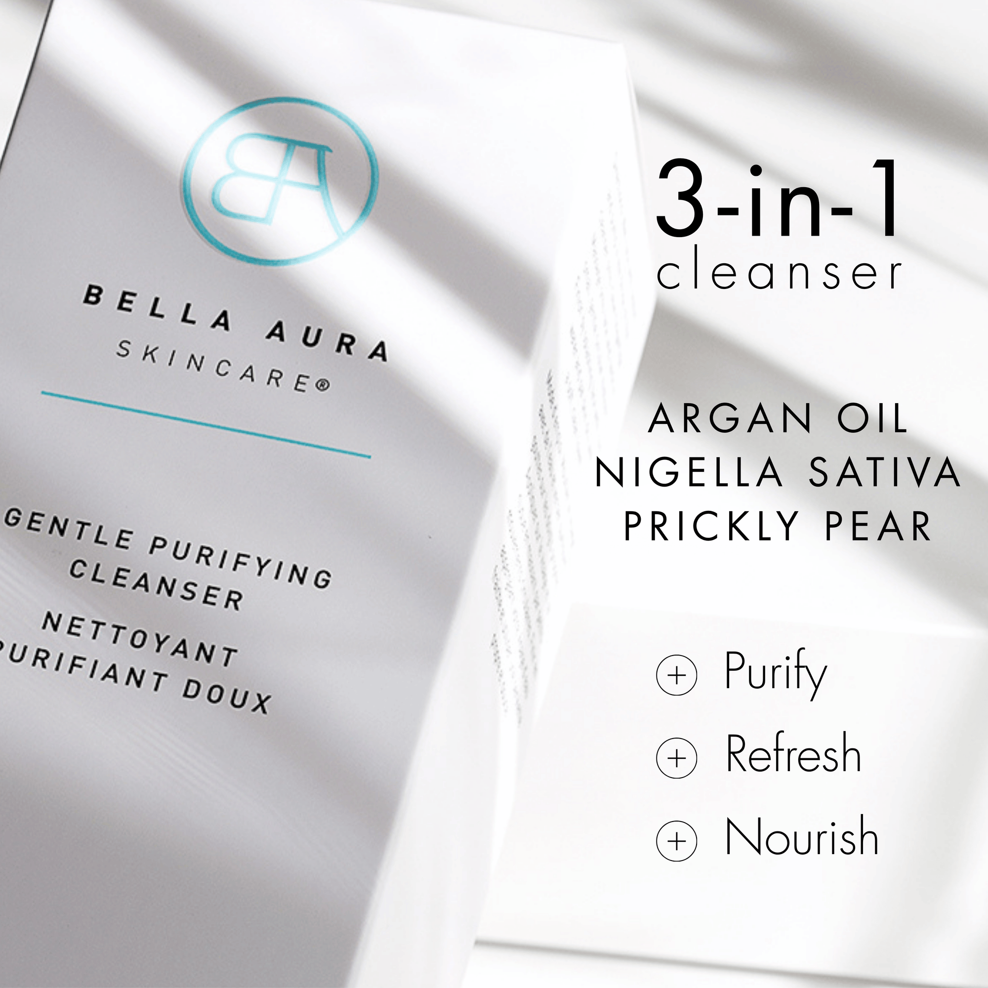 Bella Aura skincare cleanser packaging with ingredients listed on a white background