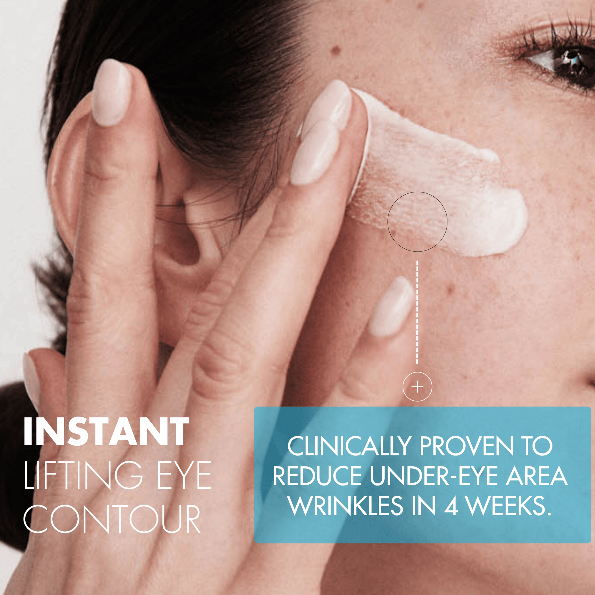 Woman applying cream under eye with text about instant lifting eye contour and wrinkle reduction.