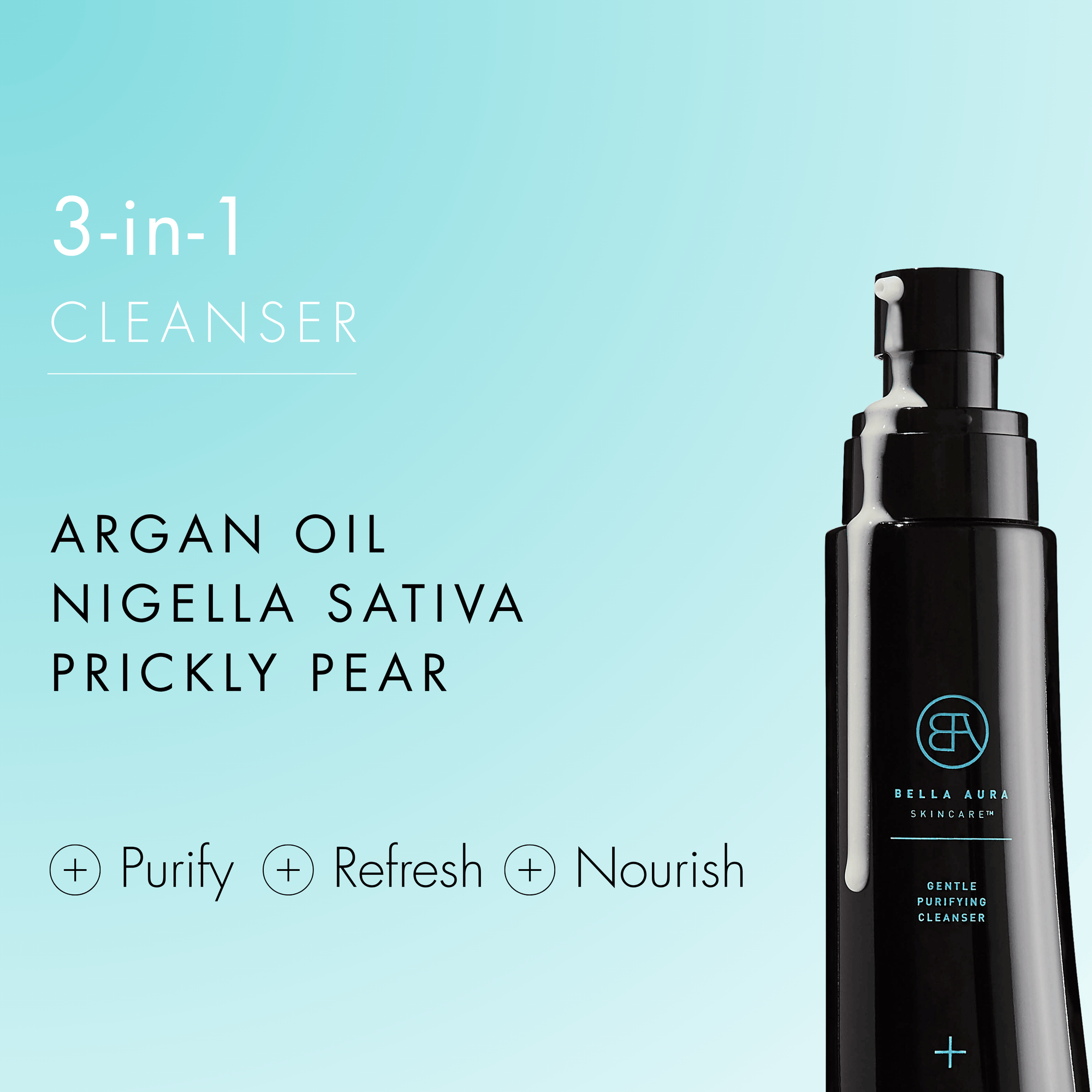Black skincare cleanser bottle with ingredients and benefits on a light blue background