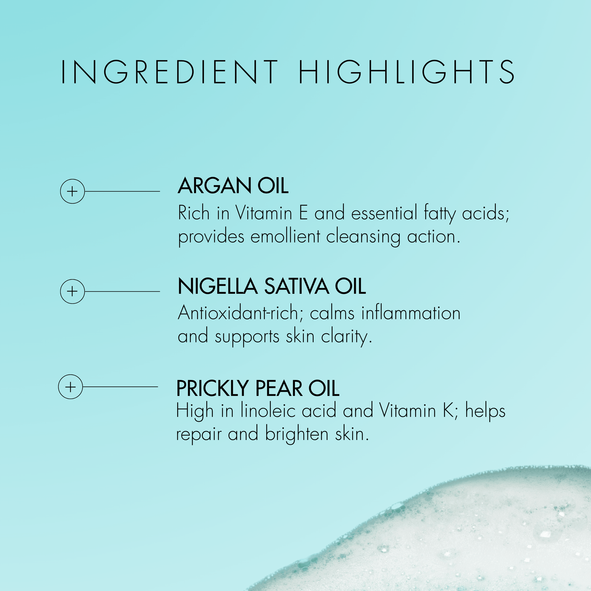 Ingredient highlights for skincare product with text on a teal background