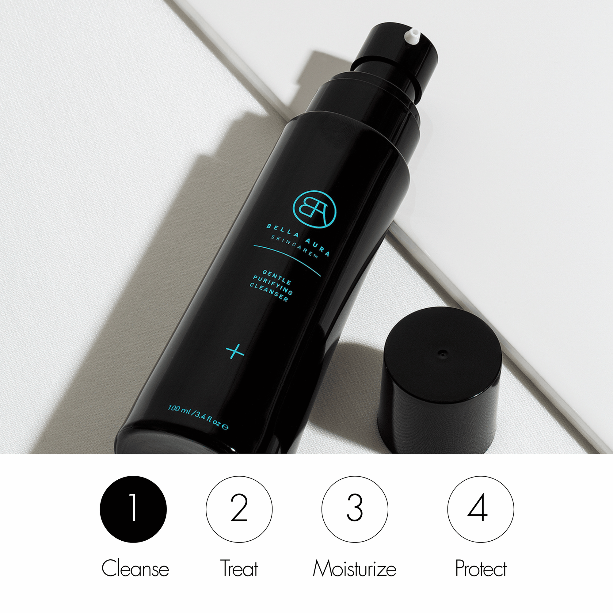 Black skincare bottle with brand logo on a light background
