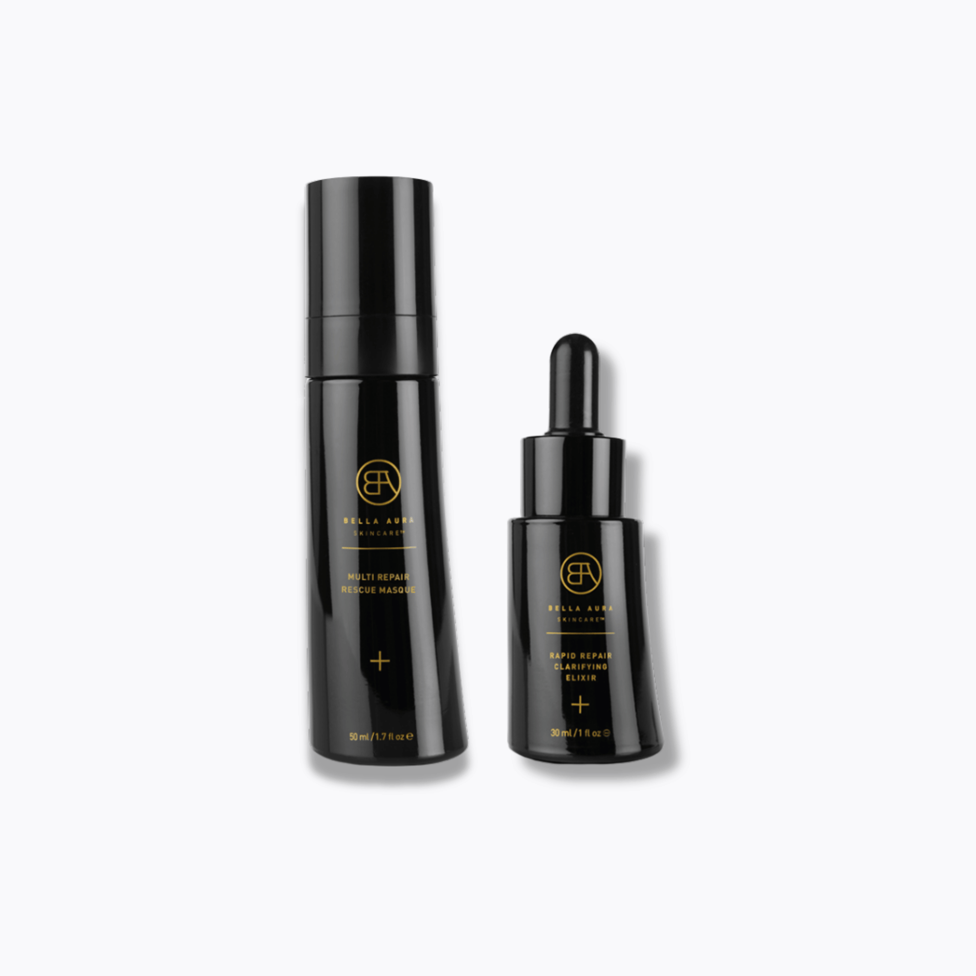 Two black bella aura sikncare bottles with gold text on a white background