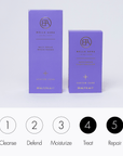 Two purple Bella Aura hair care product boxes on a light gray background with step-by-step icons below.