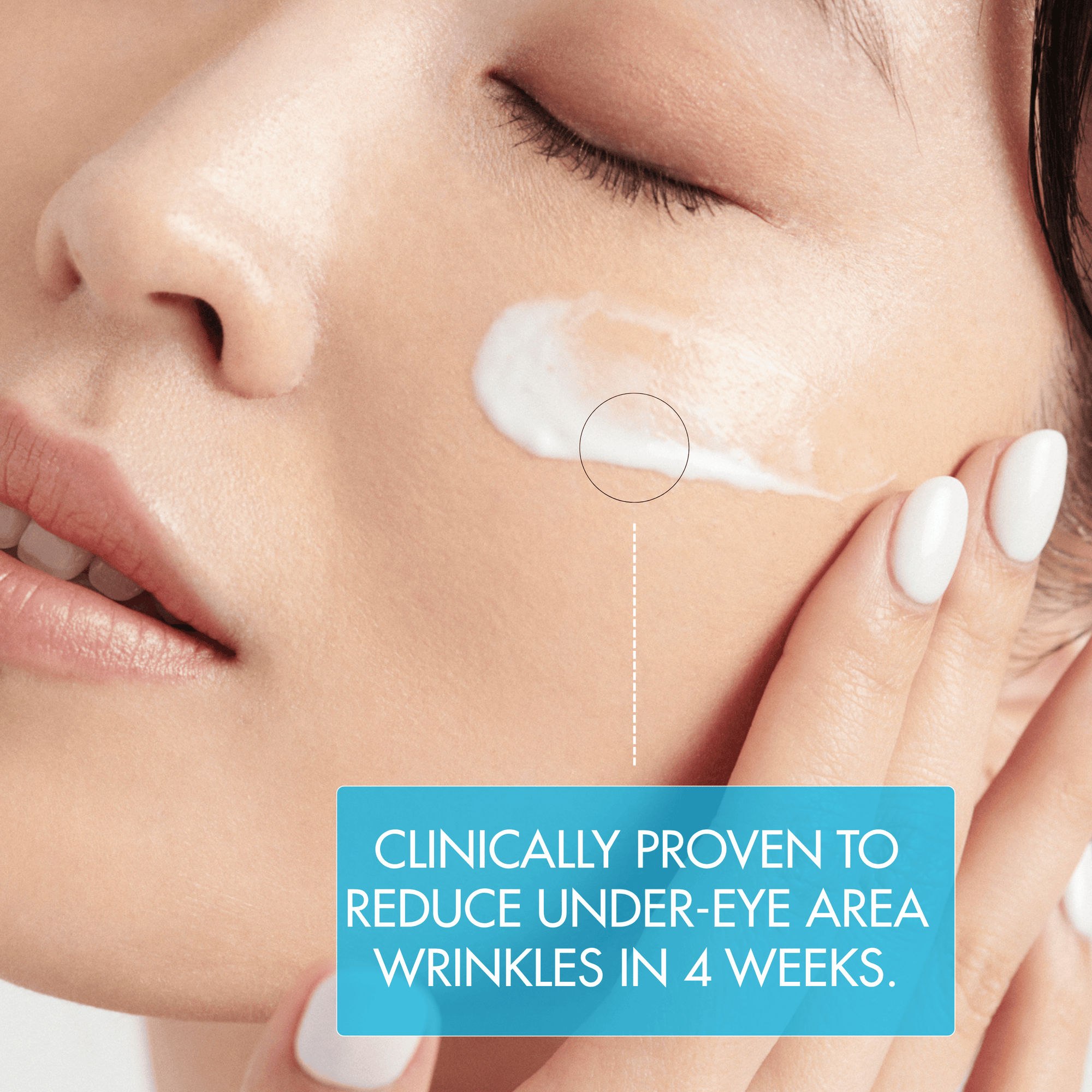 Close-up of a woman applying cream to her face with text about clinical results.