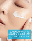 Close-up of a woman applying cream to her face with text about clinical results.