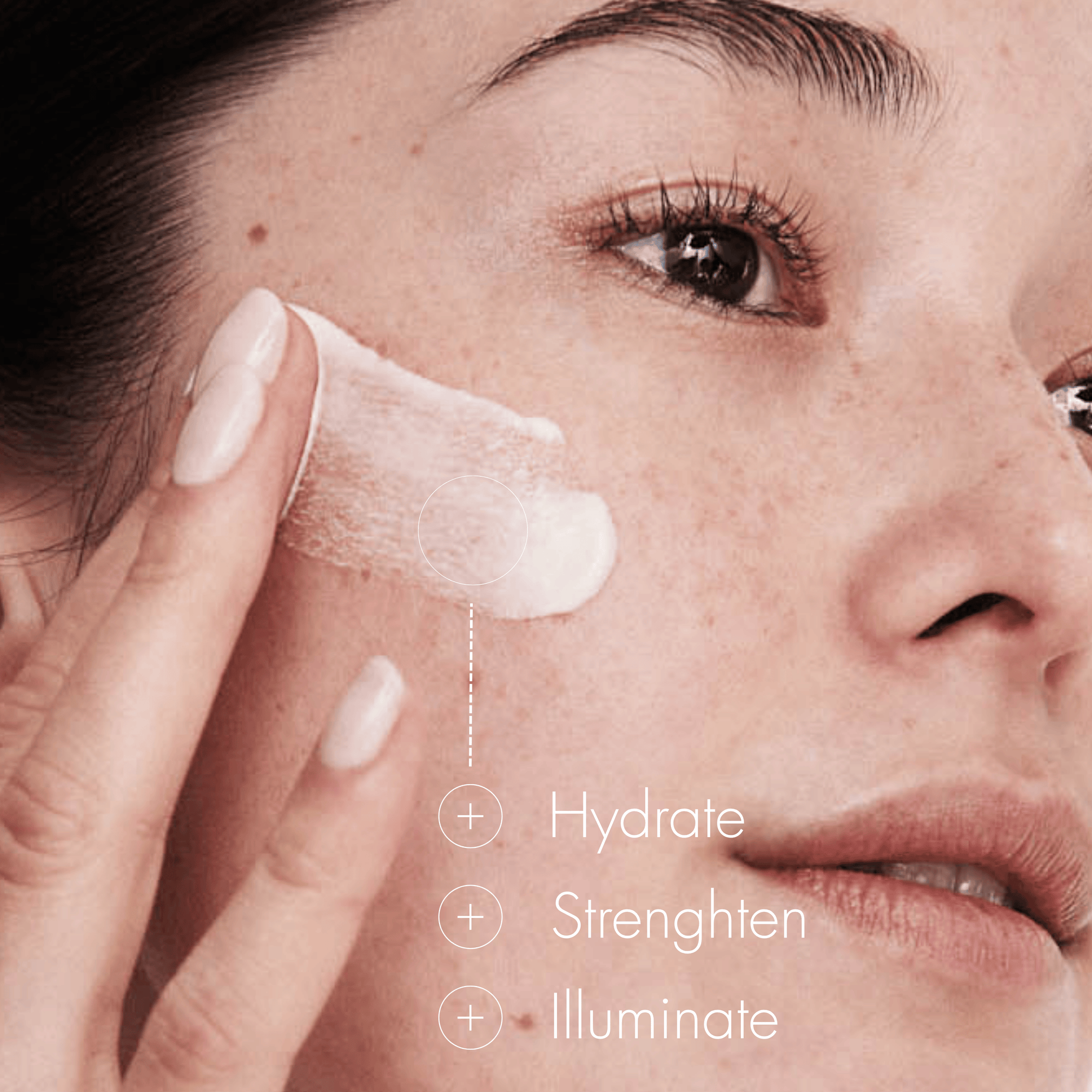 Woman applying a skincare product to her face with text indicating benefits.