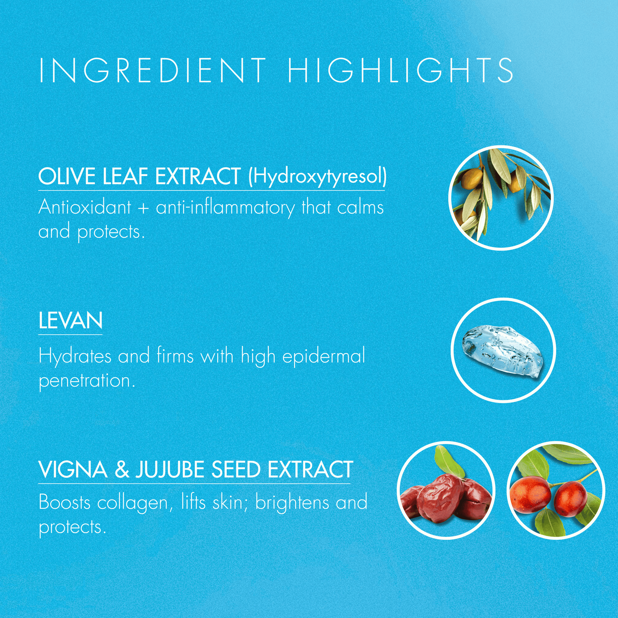 Ingredient highlights of a skincare product on a blue background