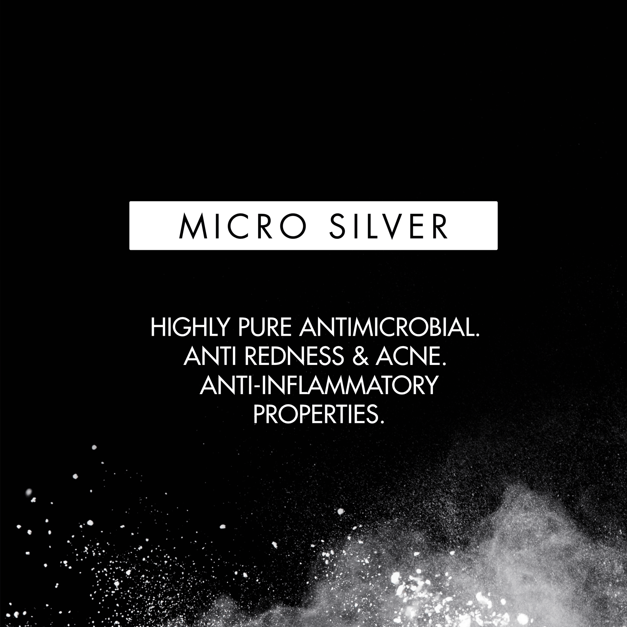 Text about micro silver with a black background and small white particles.
