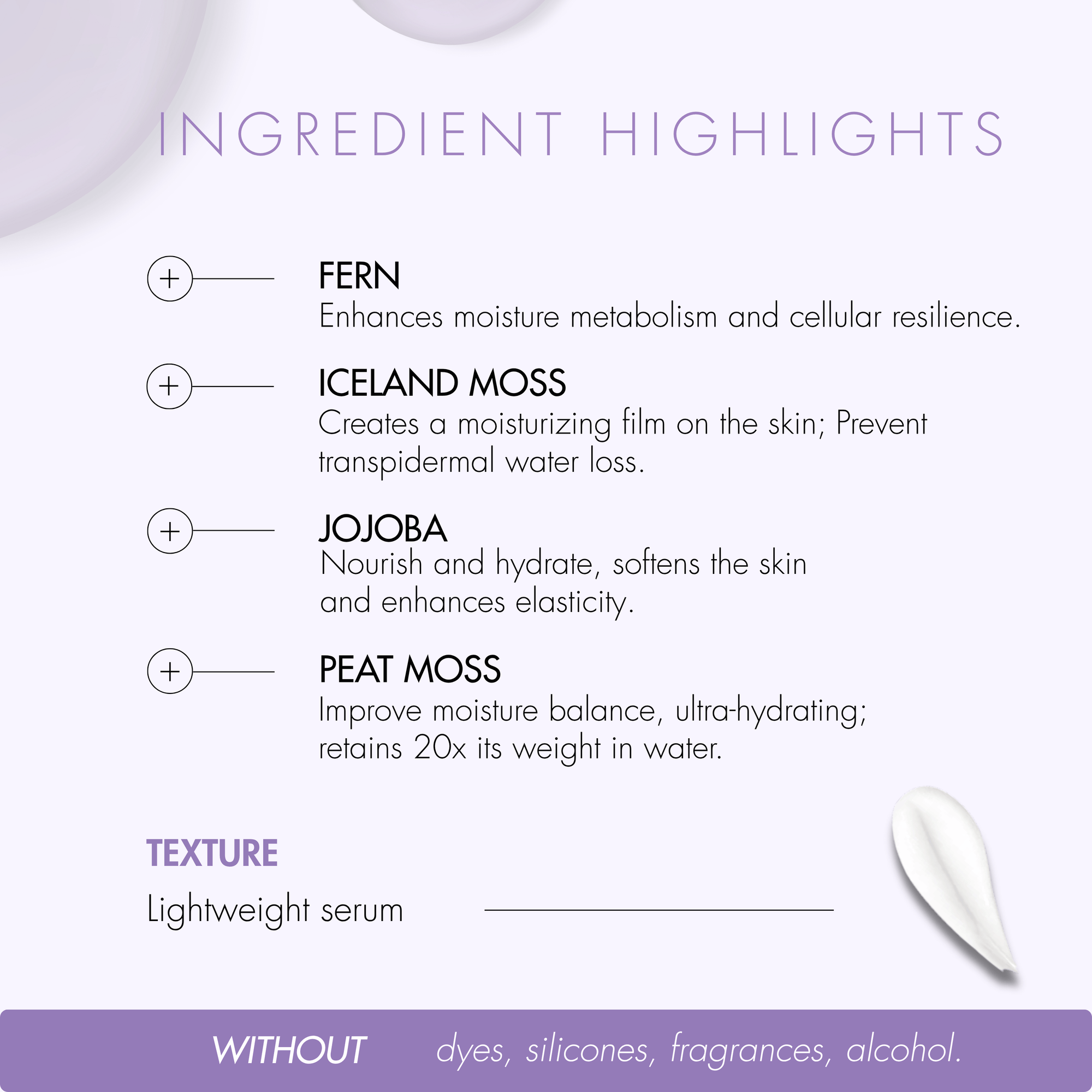 Ingredient highlights for a skincare product bella aura on a white background with purple accents.