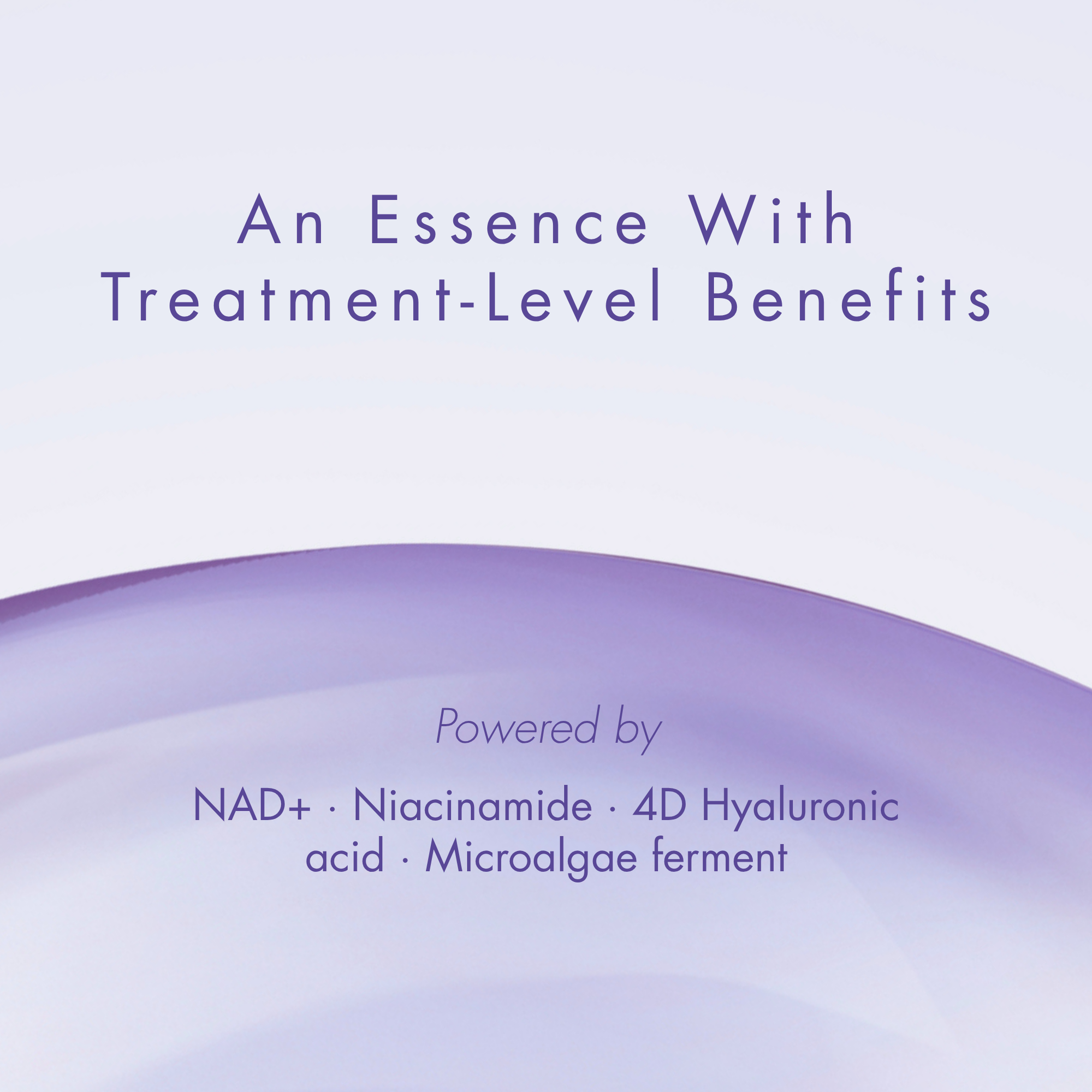 bella aura graphic for an essence with treatment-level benefits, featuring a purple gradient background and text about ingredients.