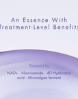 bella aura graphic for an essence with treatment-level benefits, featuring a purple gradient background and text about ingredients.
