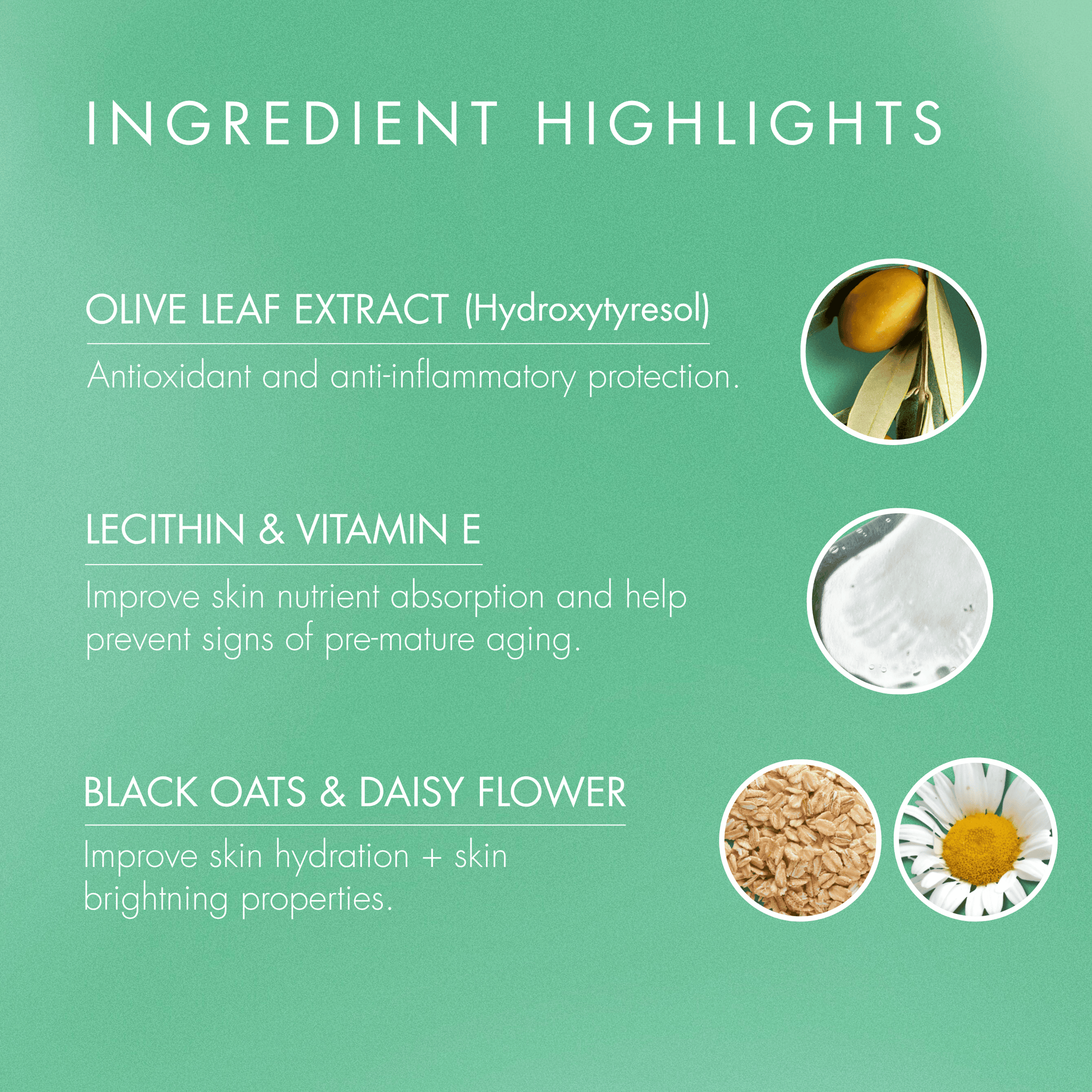 Ingredient highlights for a skincare product on a green background