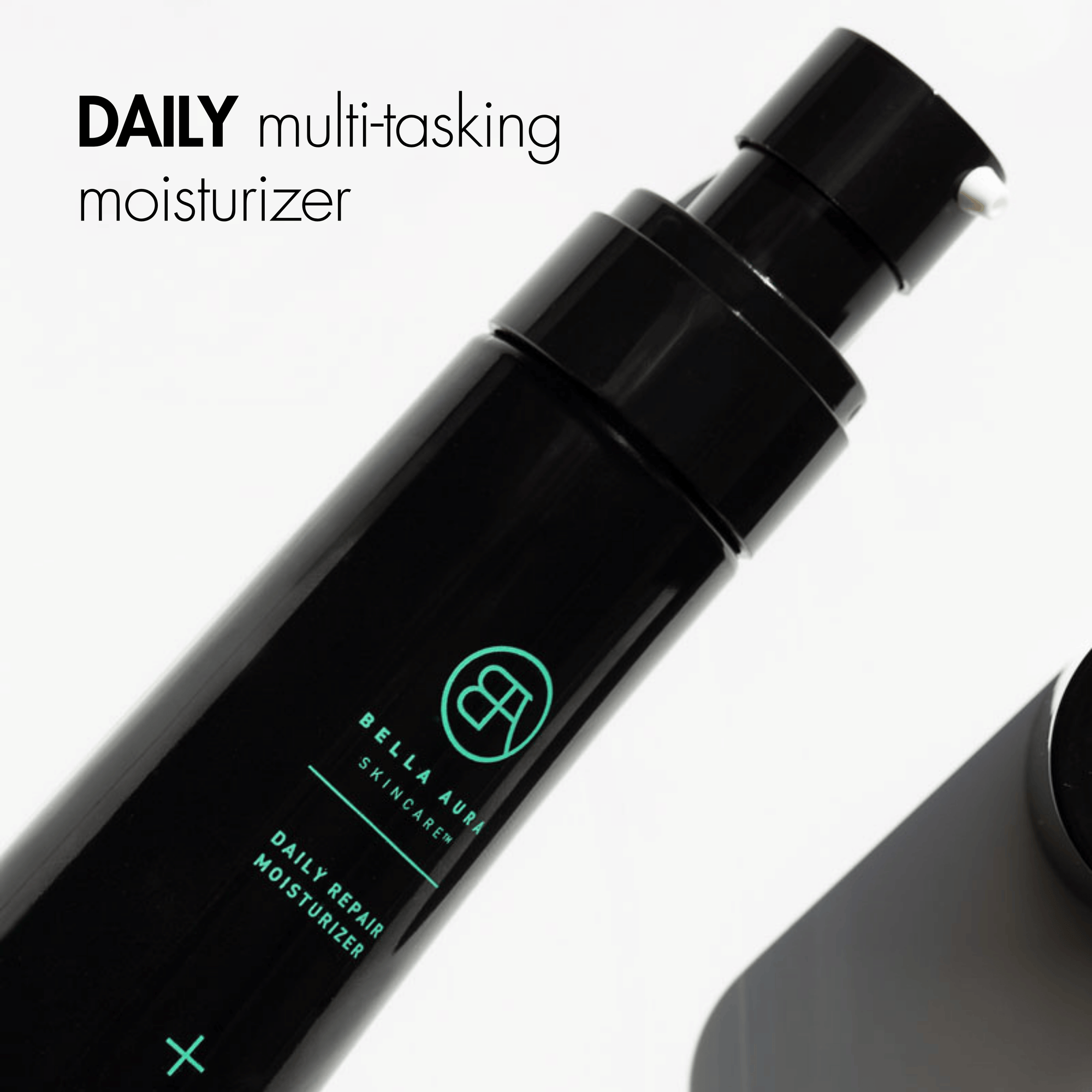 Black daily bella aura multi-tasking moisturizer bottle with green text on a white background