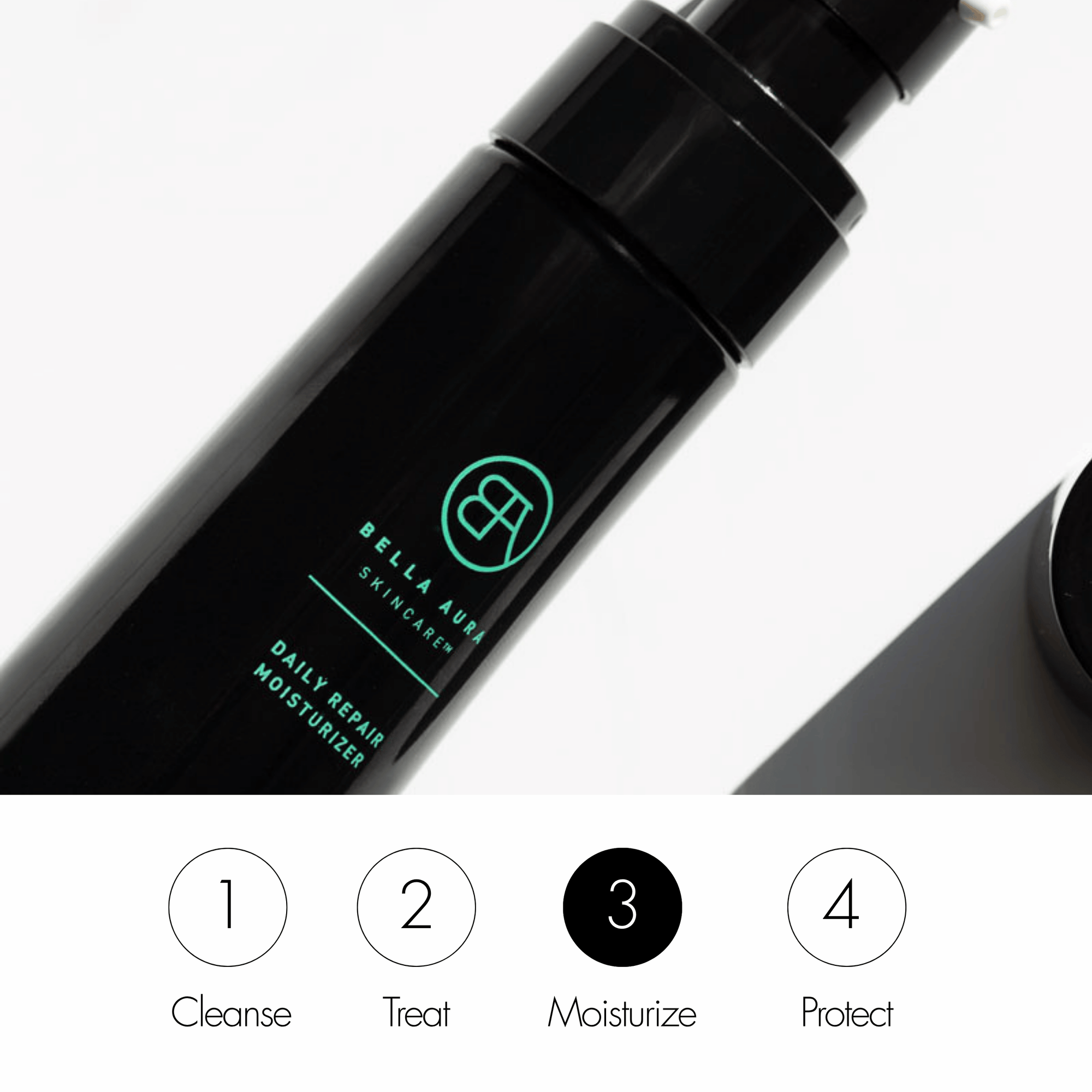 Black skincare bottle with green text on a white background
