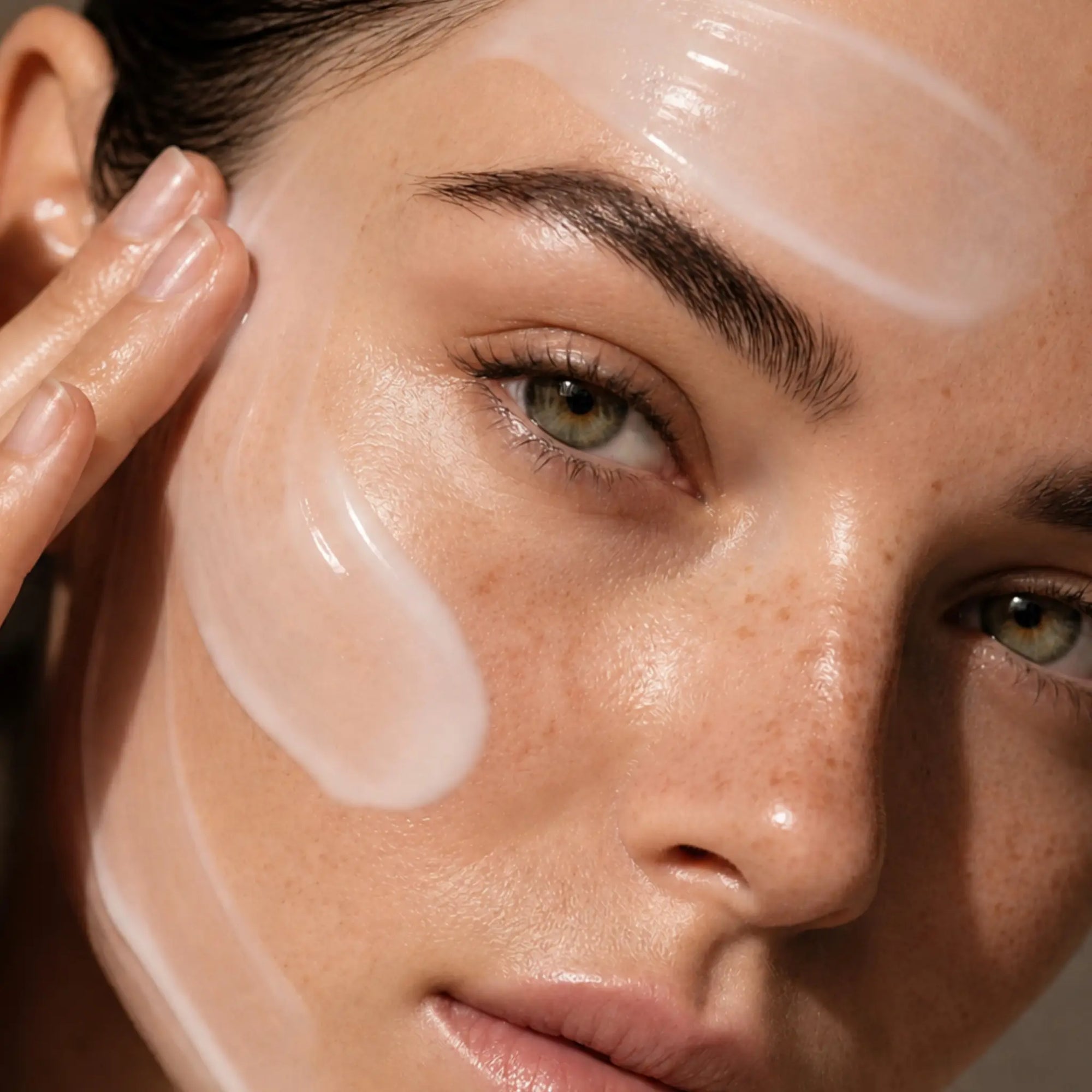 Close-up of a woman applying cream to her face