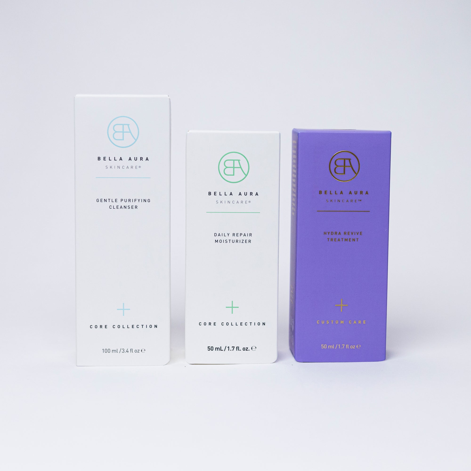 Three Bella Aura skincare products on a white background