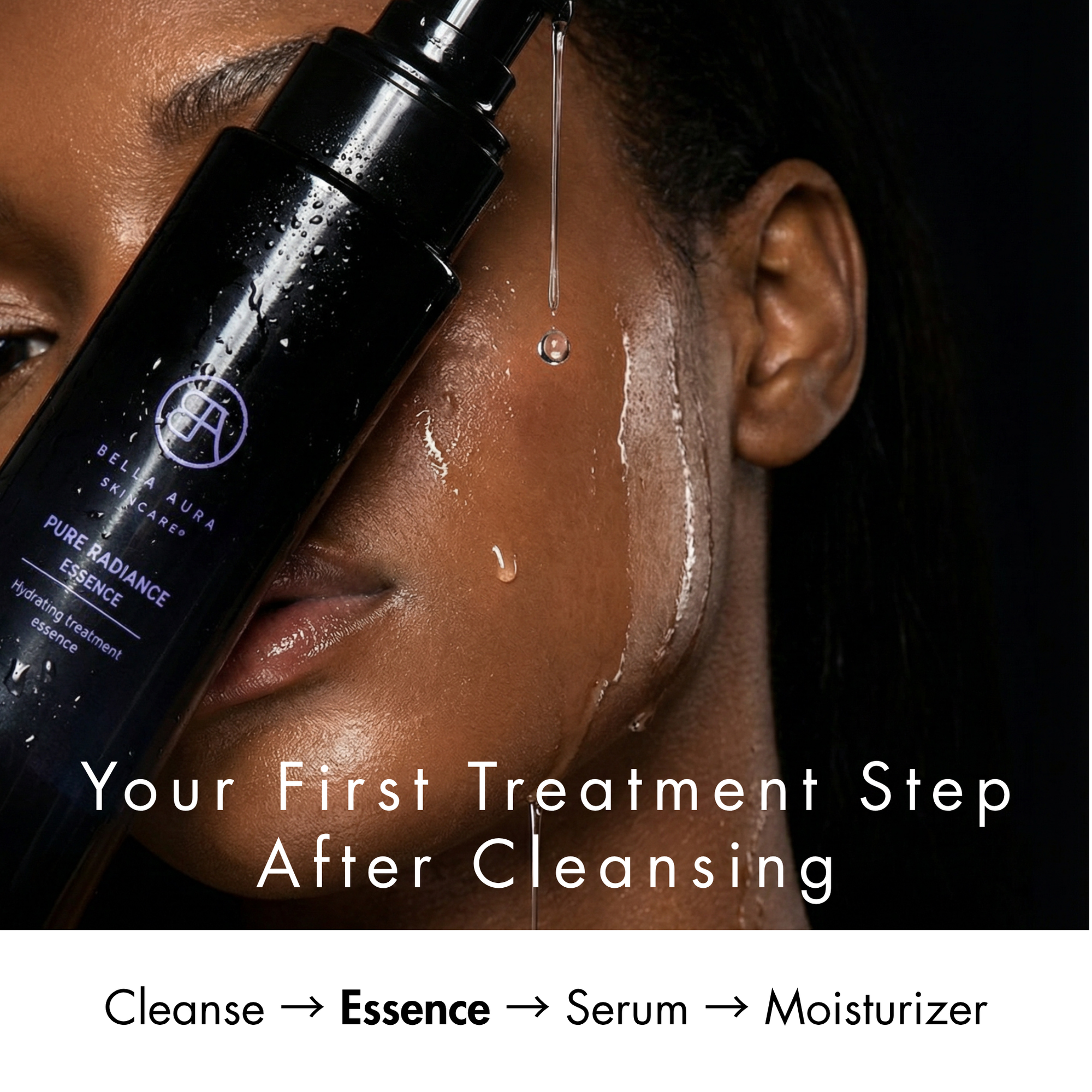 Person applying skincare product to face with text about treatment steps.