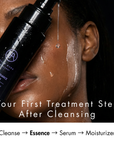 Person applying skincare product to face with text about treatment steps.