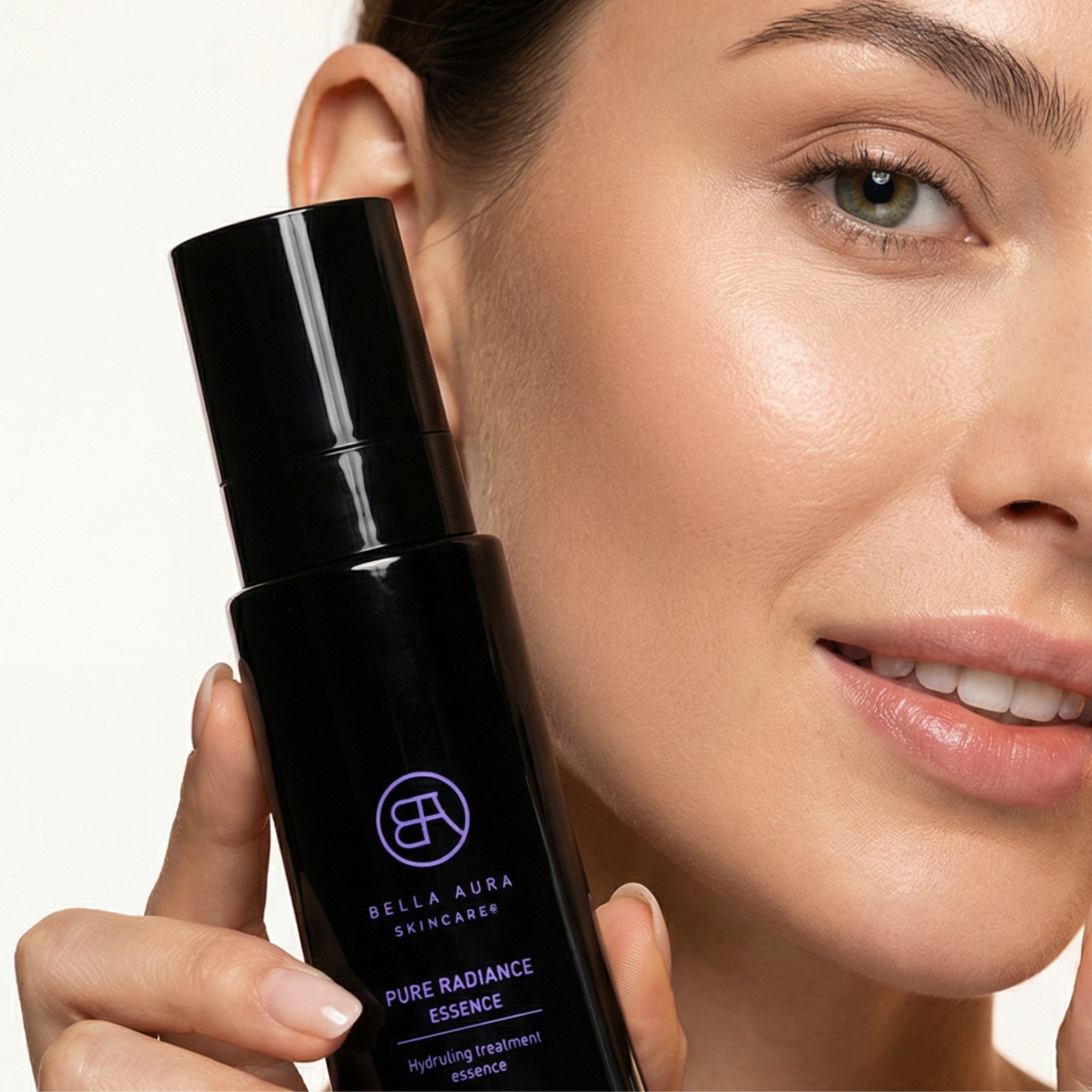 Woman holding a Bella Aura skincare product close to her face